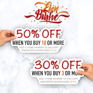 May include: Two white signs with red text offer discounts on purchases. The top sign reads "50% OFF WHEN YOU BUY 10 OR MORE. ADD 10 ITEMS AR MORE TO YOU CART AND ENTER COUPAN CODE OFF50". The bottom sign reads "30% OFF WHEN YOU BUY 3 OR MORE. ADD 3 ITEMS AR MORE TO YOU CART AND ENTER COUPAN CODE OFF30".