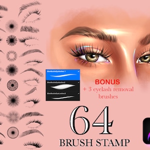 May include: A set of 64 digital brush stamps for creating realistic eyelashes, eyebrows, and eyes. The set includes 3 eyelash removal brushes. The image shows a close-up of a woman's eye with detailed eyelashes and eyebrows.