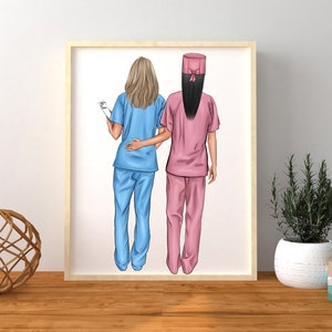 May include: Two women wearing blue and pink scrubs stand back to back. The woman in blue scrubs is holding a clipboard. The woman in pink scrubs is wearing a pink hat with a bow.