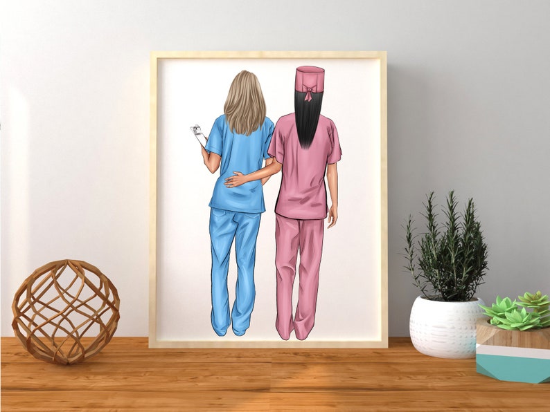 May include: Two women wearing blue and pink scrubs stand back to back. The woman in blue scrubs is holding a clipboard. The woman in pink scrubs is wearing a pink hat with a bow.
