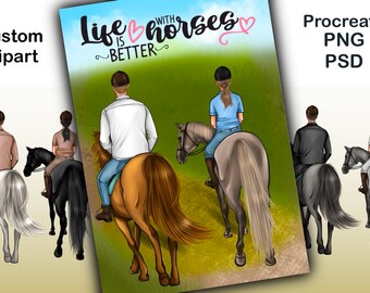 Couple clipart On horseback, Best friend clipart, horseback riding, Personalized Illustration, Best friend gifts Instant download PNG