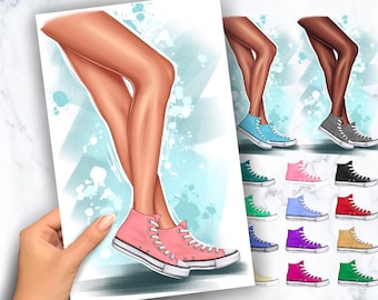 Fashion illustration, Shoes clipart, Legs in sneakers, instant download PNG & PSD