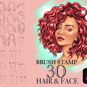 Könnte beinhalten: Ein digitales Illustrationsset mit 30 Haar- und Gesichtspinselstempeln für Procreate. Das Bild zeigt eine Sammlung von schwarz-weißen Strichzeichnungen verschiedener Frisuren und Gesichtsausdrücke neben einem lebendig kolorierten Porträt.