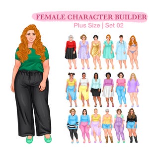 May include: A digital illustration titled FEMALE CHARACTER BUILDER Plus Size | Set 02, featuring a large central figure in a green t-shirt and black pants, surrounded by eighteen smaller diverse figures in various outfits and hairstyles.