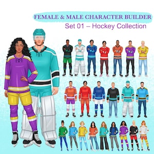 Op de afbeelding: Een digitale karakterbouwer-set getiteld FEMALE & MALE CHARACTER BUILDER Set 01 – Hockey Collection. De afbeelding toont diverse geïllustreerde figuren die verschillende ijshockeytruien, broeken en schaatsen in diverse kleuren dragen.
