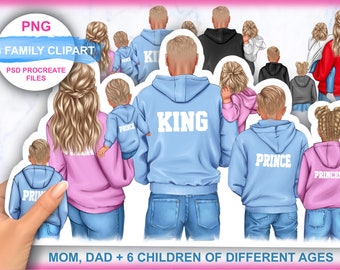 Family clipart, dad and kids, father son and daughter, personalized family portrait, Instant download PSD PNG formats