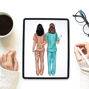 May include: Digital illustration of two people wearing scrubs, standing back to back. The person on the left is wearing a tan scrub top and pants. The person on the right is wearing a teal scrub top and pants. The person on the right is holding a clipboard.
