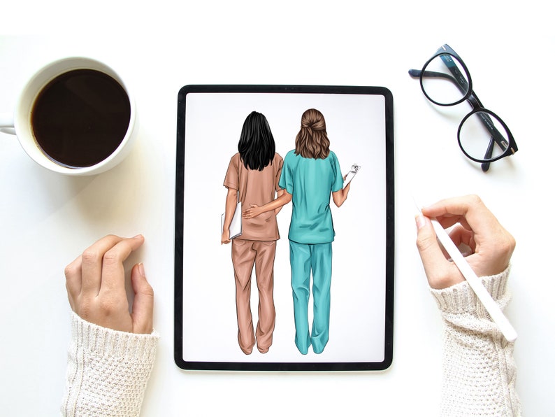 May include: Digital illustration of two people wearing scrubs, standing back to back. The person on the left is wearing a tan scrub top and pants. The person on the right is wearing a teal scrub top and pants. The person on the right is holding a clipboard.