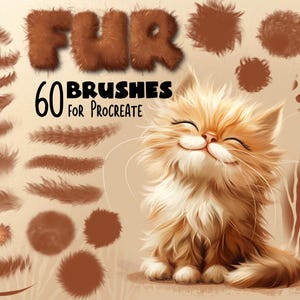 May include: A set of 60 digital fur brushes for Procreate, featuring a variety of textures and styles. The brushes are shown on a background with a cute cartoon cat and animal print patterns.