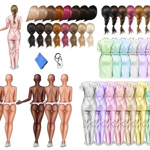 Puede incluir: Ilustraciones digitales de profesionales m&eacute;dicos y accesorios. La imagen incluye figuras con varios tonos de piel y peinados, vistiendo uniformes y vestidos en colores pastel. Tambi&eacute;n se incluyen estetoscopios y una carpeta azul.