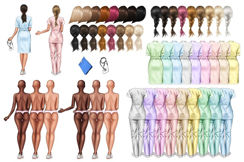 Puede incluir: Ilustraciones digitales de profesionales m&eacute;dicos y accesorios. La imagen incluye figuras con varios tonos de piel y peinados, vistiendo uniformes y vestidos en colores pastel. Tambi&eacute;n se incluyen estetoscopios y una carpeta azul.