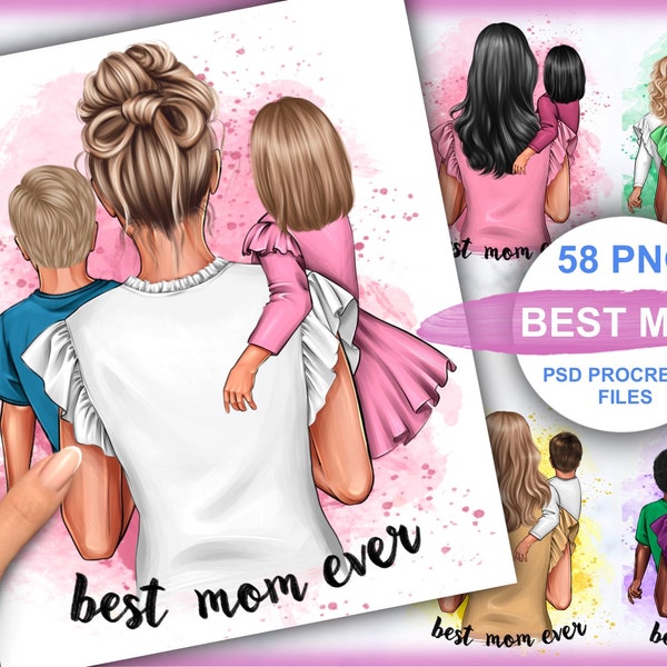 Family Clipart, Best Mom, Mom Daughter Son, Customizable Personal Family Clipart, 3 Skin Colors, Instant PNG, PSD Download