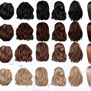 May include: A set of 40 digital illustrations of different hairstyles for women. The hairstyles are shown from the back and include a variety of styles, such as buns, ponytails, braids, and wavy hair.