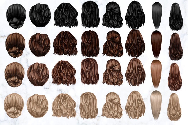 May include: A set of 40 digital illustrations of different hairstyles for women. The hairstyles are shown from the back and include a variety of styles, such as buns, ponytails, braids, and wavy hair.