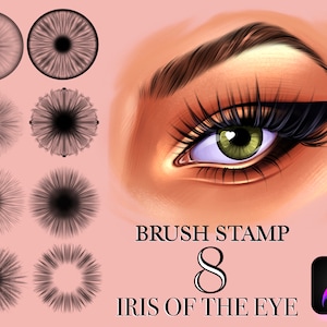 May include: A digital illustration of an eye with a green iris and black eyelashes. The image also includes eight different brush stamps for creating irises, with a variety of textures and patterns. The text "BRUSH STAMP 8 IRIS OF THE EYE" is displayed below the image, along with the Procreate app logo.