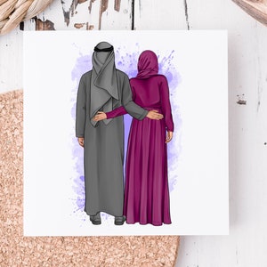 Puede incluir: Una ilustraci&oacute;n digital de una pareja vestida con ropa tradicional. El hombre lleva una t&uacute;nica gris y un turbante blanco. La mujer lleva un vestido largo de color burdeos y un turbante a juego. La pareja est&aacute; de pie uno al lado del otro, con el brazo del hombre alrededor de la cintura de la mujer.