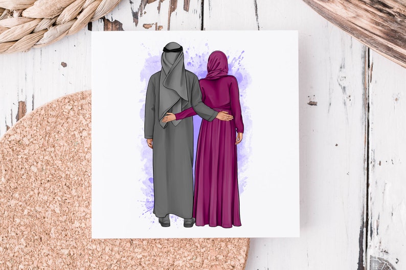 Puede incluir: Una ilustraci&oacute;n digital de una pareja vestida con ropa tradicional. El hombre lleva una t&uacute;nica gris y un turbante blanco. La mujer lleva un vestido largo de color burdeos y un turbante a juego. La pareja est&aacute; de pie uno al lado del otro, con el brazo del hombre alrededor de la cintura de la mujer.