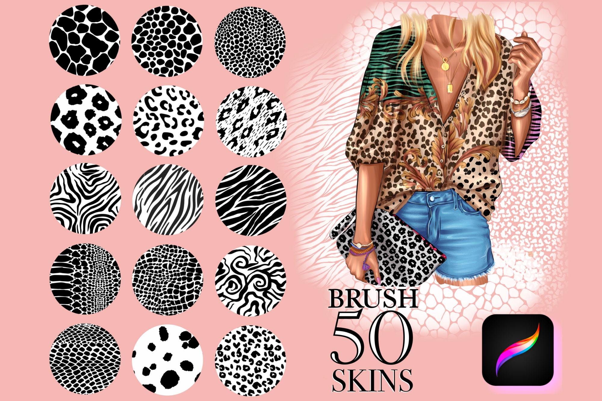 Set de pinceles Procreate con estampado animal – Sellos de patrones sin juntas de leopardo y cebra para iPad