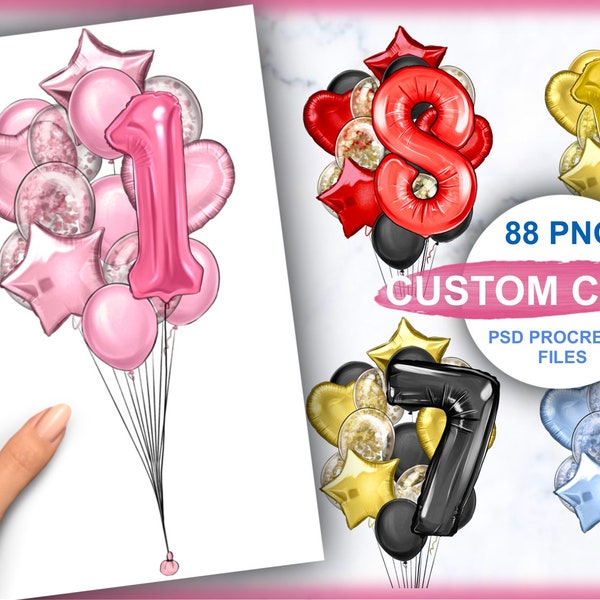 Balloons with numbers Background Clipart, Digital Instant Clipart PNG Download