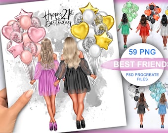 Birthday clipart, Curvy girl clipart, Best friend clipart, Personalized Illustration, Afro girl clipart, Instant download PNG