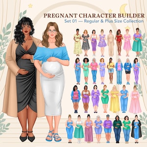 Può includere: Un'illustrazione digitale intitolata PREGNANT CHARACTER BUILDER Set 01 — Regular & Plus Size Collection. Presenta due grandi figure in primo piano e file di personaggi incinti più piccoli con vari abiti, acconciature e tonalità di pelle.