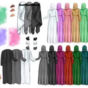 Puede incluir: Una ilustraci&oacute;n digital de varias prendas de vestir, incluyendo t&uacute;nicas largas, pa&ntilde;uelos para la cabeza y velos. La ilustraci&oacute;n es de estilo de dibujos animados y presenta una variedad de colores, incluyendo blanco, negro, gris, rosa, azul, verde y rojo.