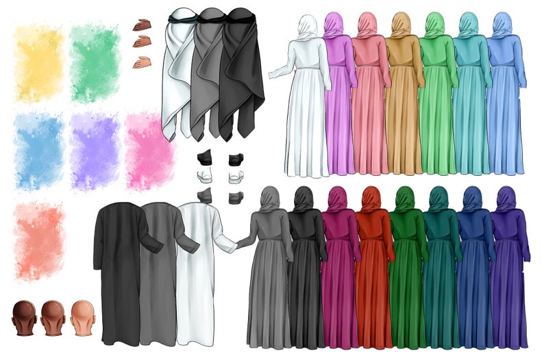Puede incluir: Una ilustraci&oacute;n digital de varias prendas de vestir, incluyendo t&uacute;nicas largas, pa&ntilde;uelos para la cabeza y velos. La ilustraci&oacute;n es de estilo de dibujos animados y presenta una variedad de colores, incluyendo blanco, negro, gris, rosa, azul, verde y rojo.