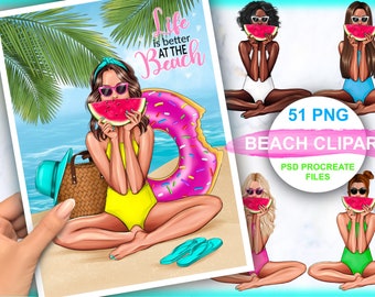 Mädchen am Strand, Reise-Clipart, Roadtrip-ClipArt, Afro-Girl-Clipart, digitaler Sofort-Download