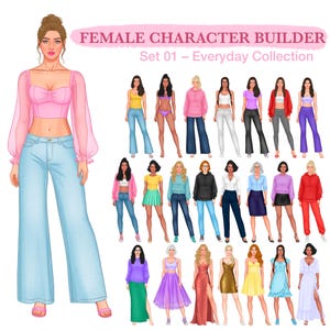 Peut inclure: Un ensemble de création de personnages numériques intitulé FEMALE CHARACTER BUILDER Set 01 – Everyday Collection. Il présente une grande illustration centrale d'une personne en haut rose à manches longues et jean bleu clair, entourée de vingt-quatre petites figures.