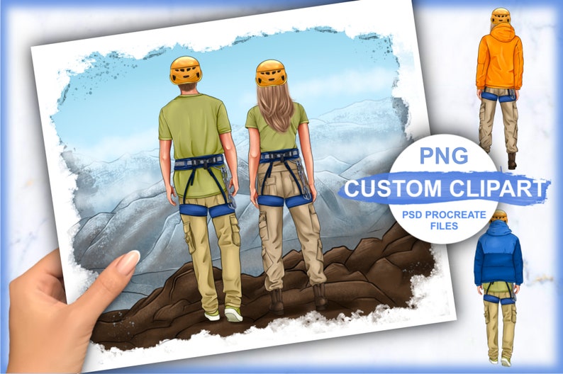 Climbers clipart, climbers conquerors of the peaks clipart for men and women expedition to the mountains Best friends Instant download PNG image 1