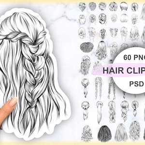 Può includere: Un set di 60 disegni in bianco e nero di diversi stili di capelli per donne. Le acconciature sono disegnate in uno stile semplice ed elegante e includono trecce, chignon, code di cavallo e altro ancora. Il set è perfetto per l'uso in progetti di design digitale, come la creazione di avatar, illustrazioni o grafica per i social media.