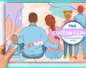 Family clipart minimalistic style, dad mom and kids, father son and daughter, personalized family portrait, Instant download PSD PNG formats