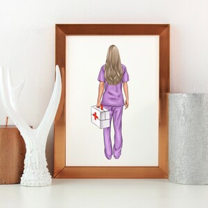 May include: A framed illustration of a person wearing a purple medical scrubs and holding a white first aid kit with a red cross. The person has long blonde hair and is facing away from the viewer.