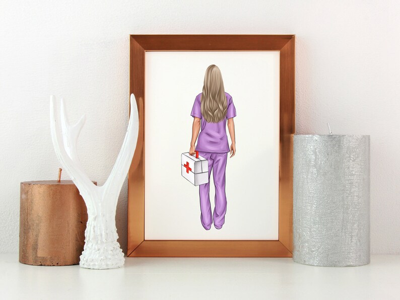 May include: A framed illustration of a person wearing a purple medical scrubs and holding a white first aid kit with a red cross. The person has long blonde hair and is facing away from the viewer.
