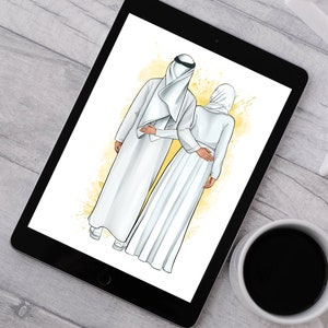 Puede incluir: Una ilustraci&oacute;n digital de una pareja vestida con ropa blanca tradicional. El hombre lleva una t&uacute;nica blanca y una cubierta de cabeza blanca. La mujer lleva una abaya blanca y un pa&ntilde;uelo blanco en la cabeza. La pareja est&aacute; de pie juntos, con el brazo del hombre alrededor de la cintura de la mujer.