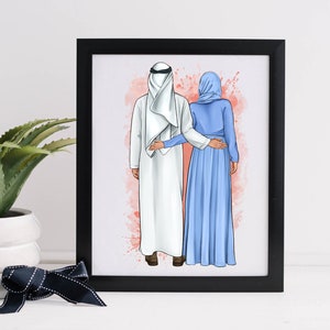 Puede incluir: Una ilustraci&oacute;n digital de una pareja de pie de espaldas, el hombre lleva una t&uacute;nica blanca y una cubierta de cabeza blanca, la mujer lleva una abaya azul y un pa&ntilde;uelo azul. El fondo es una acuarela de color rosa y blanco.