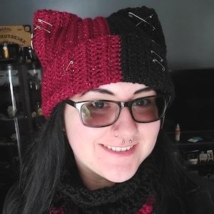 The Original Punk Cat Hat | Many Colors Available! | Handmade Crochet Cat Ear Beanie with Rings, Chains, and Safety Pins