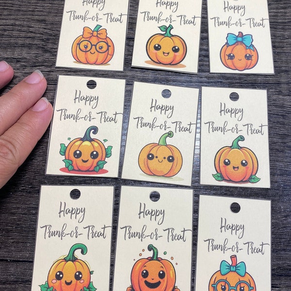 Trunk or treat Printable Favor Gift Bag Tags Decorations- Set of 16- Cute Pumpkins Kid Friendly Instant Download - Not scary