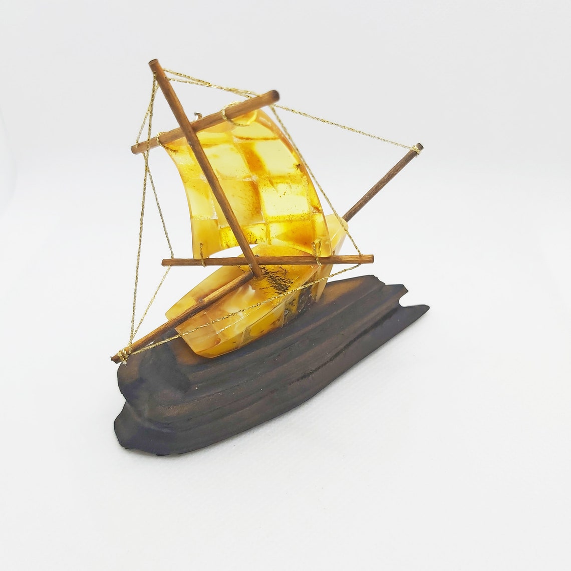 Amber Ship on a Wooden Base/ Baltic Amber Souvenir/ Handmade Etsy