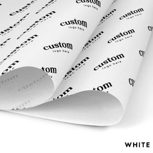 May include: White wrapping paper with a repeating pattern of the text "custom logo here" in black.