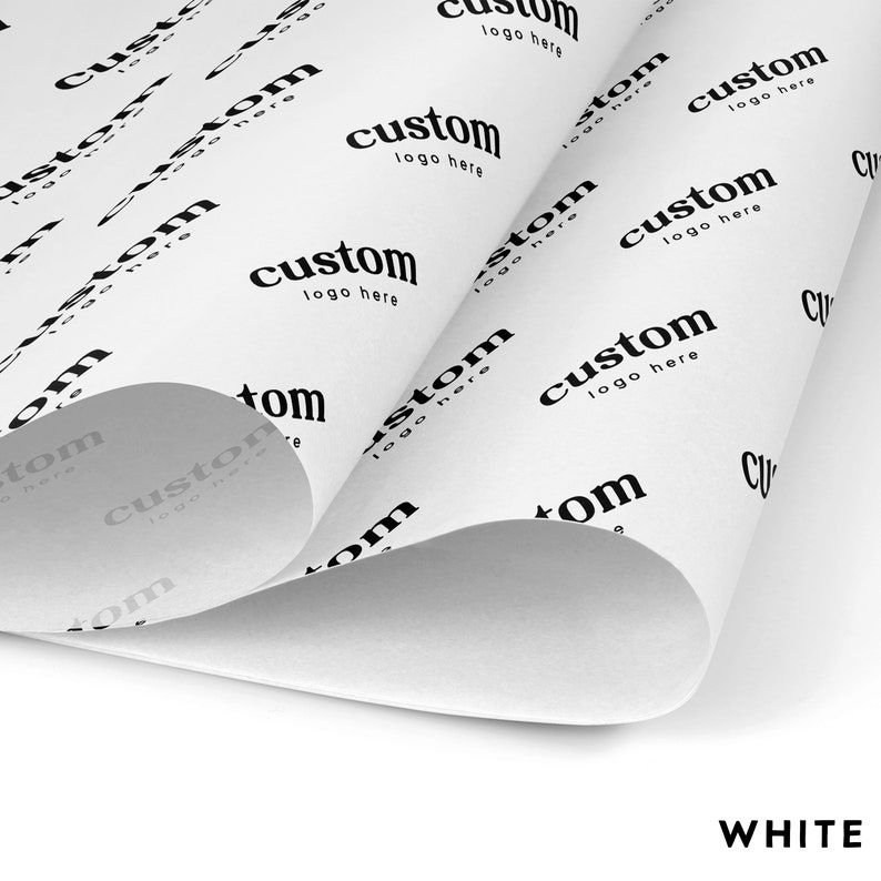 May include: White wrapping paper with a repeating pattern of the text "custom logo here" in black.