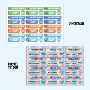 May include: Two sets of personalized name labels, one with a dinosaur theme and the other with a pastel tie-dye theme. Both sets feature the name "Oliver Smith" and "Presley Smith" in a variety of label sizes and styles.