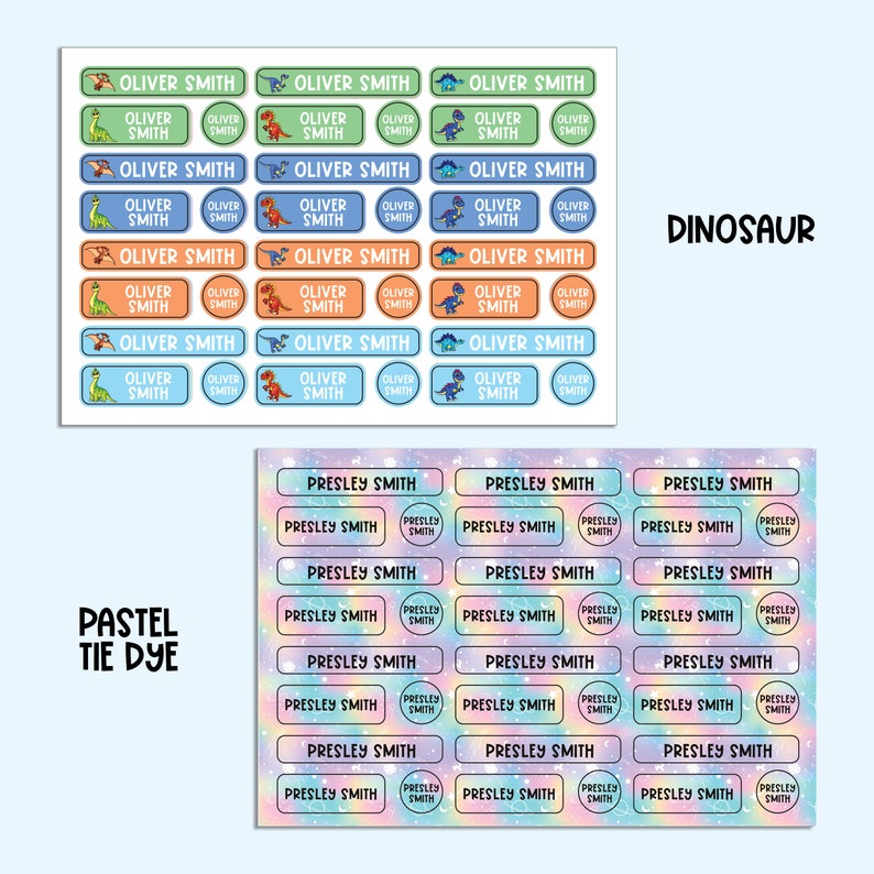 May include: Two sets of personalized name labels, one with a dinosaur theme and the other with a pastel tie-dye theme. Both sets feature the name "Oliver Smith" and "Presley Smith" in a variety of label sizes and styles.