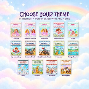 May include: Fourteen personalized coloring books with themes including Princess, Magical Friends, Mermaid, Superhero, Ocean, Monster Truck, Dinosaur, Things That Go, Space, Animals, Christmas, and Halloween, featuring colorful illustrations.