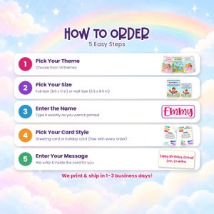 May include: An instructional graphic titled HOW TO ORDER 5 Easy Steps against a pastel rainbow sky. It lists five steps: Pick Your Theme, Pick Your Size (8.5 x 11 in or 5.5 x 8.5 in), Enter the Name, Pick Your Card Style, and Enter Your Message.