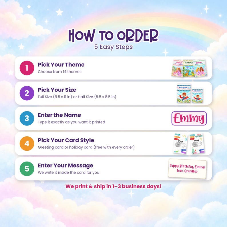 May include: An instructional graphic titled HOW TO ORDER 5 Easy Steps against a pastel rainbow sky. It lists five steps: Pick Your Theme, Pick Your Size (8.5 x 11 in or 5.5 x 8.5 in), Enter the Name, Pick Your Card Style, and Enter Your Message.