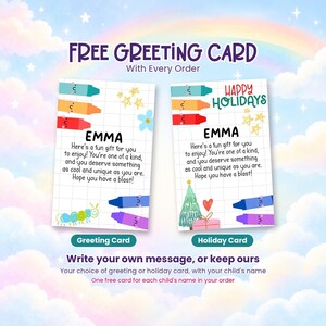 May include: Two rectangular greeting cards with grid patterns, colorful crayon illustrations, and the name EMMA. The cards feature text including Here's a fun gift for you to enjoy! You're one of a kind, and you deserve something as cool and unique as you are. Hope you have a blast!
