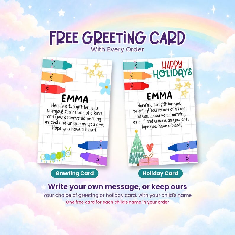 May include: Two rectangular greeting cards with grid patterns, colorful crayon illustrations, and the name EMMA. The cards feature text including Here's a fun gift for you to enjoy! You're one of a kind, and you deserve something as cool and unique as you are. Hope you have a blast!