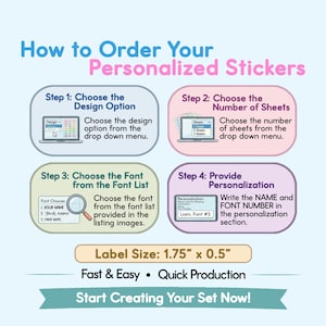 Pode incluir: Um gr&aacute;fico de instru&ccedil;&otilde;es intitulado How to Order Your Personalized Stickers com quatro passos e &iacute;cones de port&aacute;teis. Os passos incluem escolher o design, o n&uacute;mero de folhas, o tipo de letra e a personaliza&ccedil;&atilde;o. Tamanho da etiqueta: 4,45 cm x 1,27 cm.