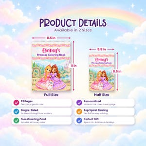 May include: Two spiral-bound coloring books titled Emmy's Princess Coloring Book, featuring two princesses and a cat. The full size measures 8.5 by 11 inches, and the half size measures 5.5 by 8.5 inches. Details include 32 pages, single-sided printing, and a greeting card.